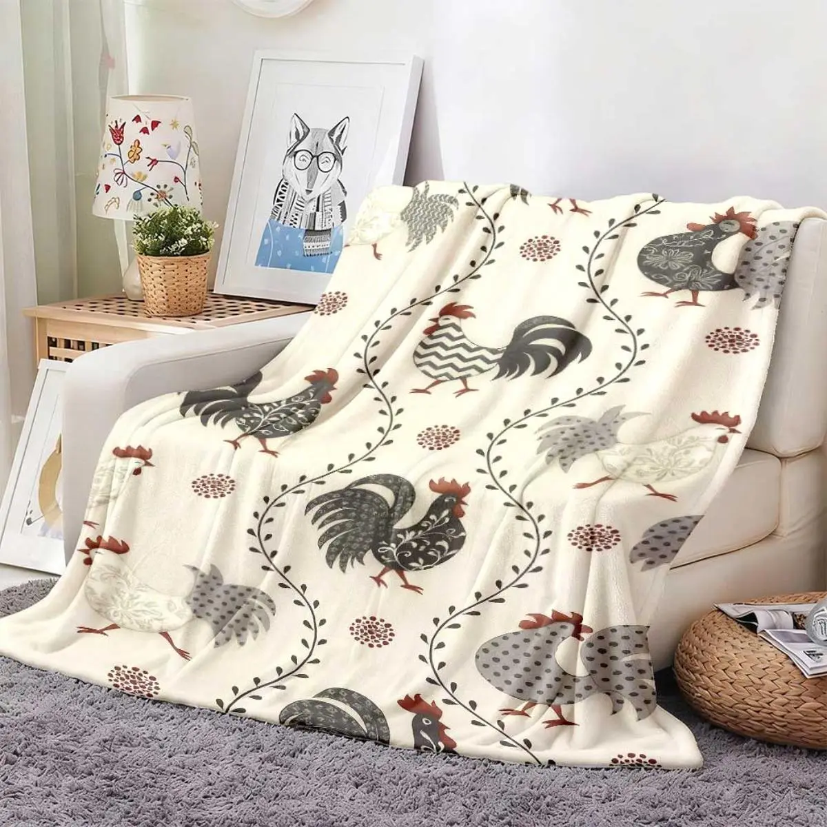 1pc Vintage Rooster Flannel Blanket That Is Soft And Warm, Suitable for All Seasons. It Features a Black, White, Gray, And Beige Chicken Design, Making It a Rustic Bedspread Ideal for Beds, Couches