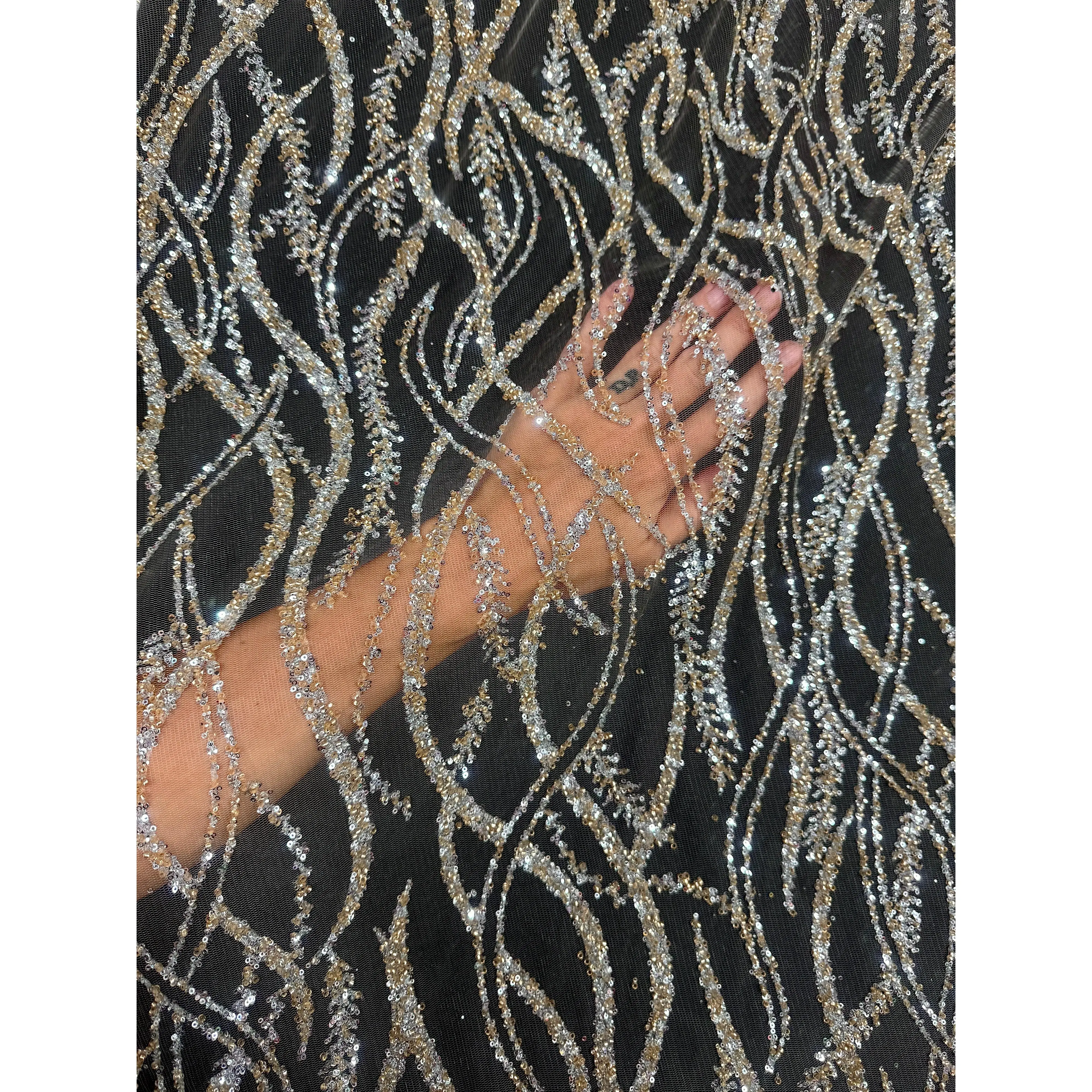 Gold Silver Wave Design Glitter Lace Mesh