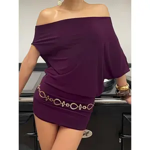 Solid Color Reversible Bat Sleeve Wrap Dress, Beltless, Women's Summer Streetwear Off-Shoulder Mini Dress, Japanese Korean Style