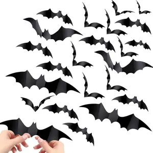 60PCS Bat Decor Halloween Room Decor 4 Sizes Realistic Waterproof PVC Black 3D Scary Bat Sticker for Home Decor Wall Decal Indoor Hallowmas Party Supplies Black Decorative Set
