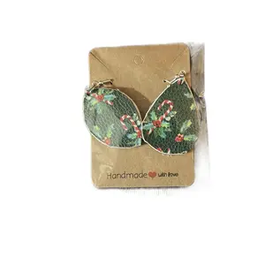 Handmade Leather Earrings with Festive Candy Cane & Holly Design by Me