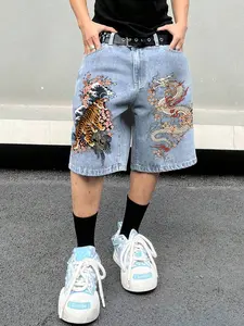 Men's Baggy Denim Shorts, Japanese Ukiyo-e Dragon Tiger Print Cherry Blossom Wave Graphic, Y2K Sukajan Style Oversized Jorts, Vintage Washed Streetwear Jean Shorts for Skater Summer Casual Daily Wear