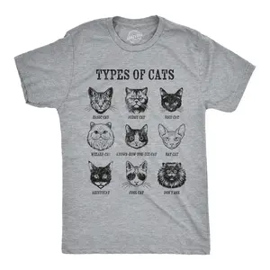 Mens Funny T Shirts Types Of Cat List Sarcastic Kitten Graphic Novelty Tee For Men Mens Funny T Shirts Cool Vintage Fashion T-Shirt Gift Classic Menswear Funny Cat Short Sleeve Novelty Tees for Guys Light Grey