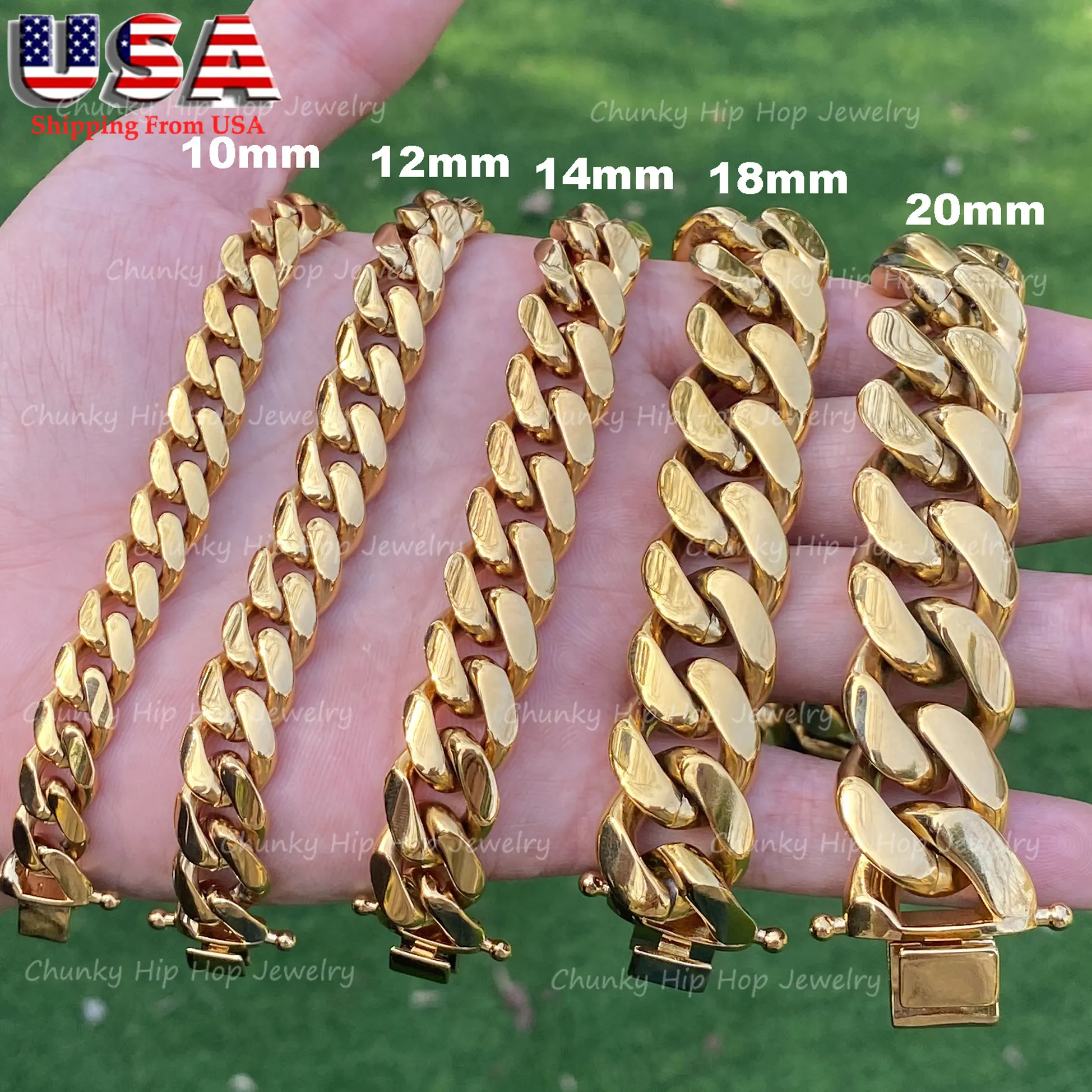 Brass Clasps +Stainless Steel 14k Gold Plated Miami Cuban Link Chain Bracelet Bangle For Mens Womens ,Hip Hop Daily Jewelry