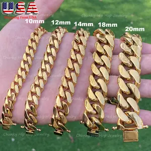 Brass Clasps +Stainless Steel 14k Gold Plated Miami Cuban Link Chain Bracelet Bangle For Mens Womens ,Hip Hop Daily Jewelry