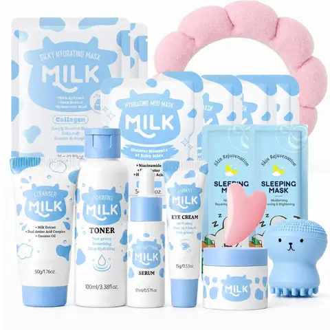 16PCS Milk Skincare Set for Kids & Tweens - Gentle Hydrating Face Care Routine Kit for Girls, Cute Self Care & Birthday Gift Set