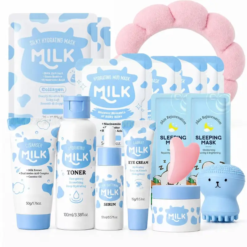 16PCS Milk Skincare Set for Kids & Tweens - Gentle Hydrating Face Care Routine Kit for Girls, Cute Self Care & Birthday Gift Set