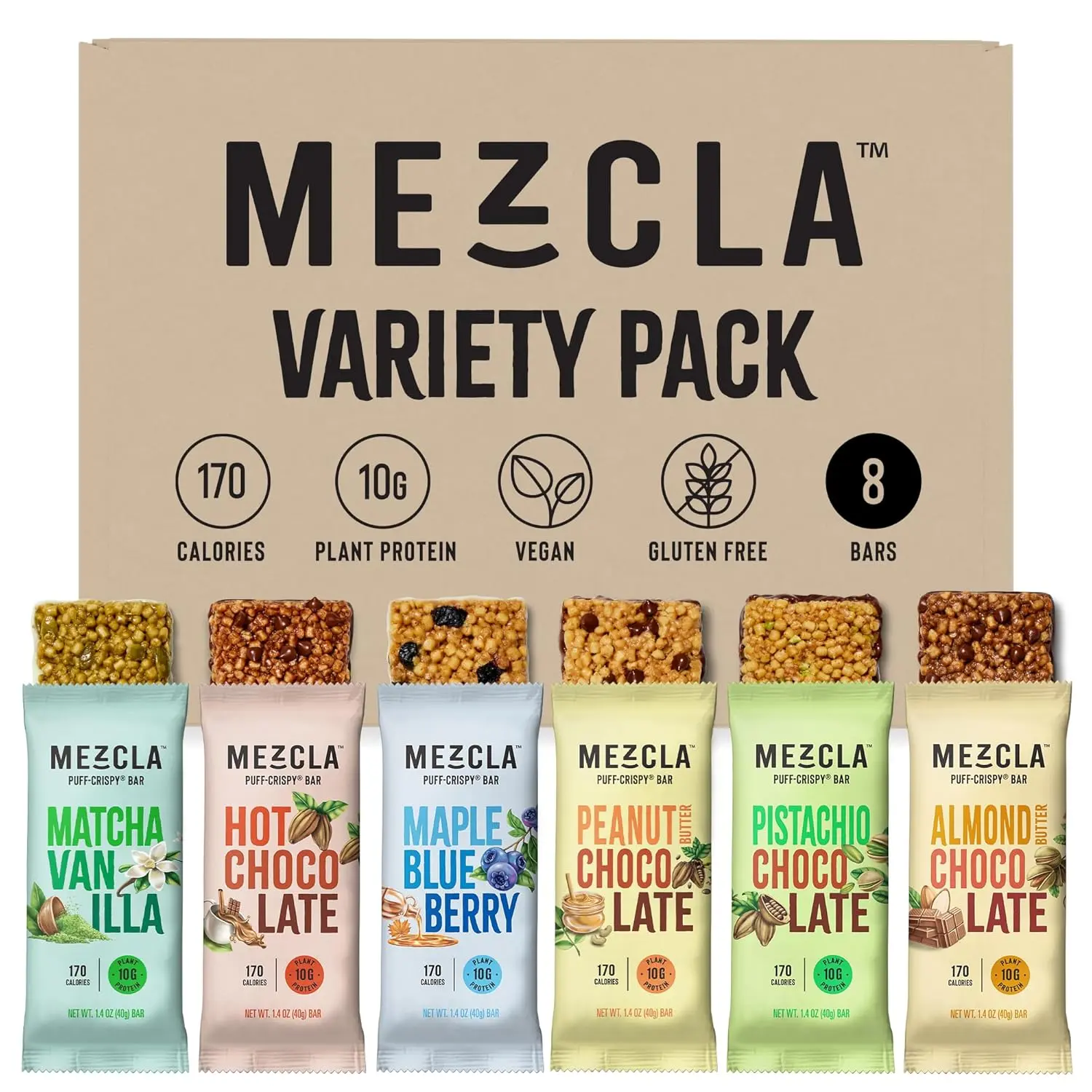 Mezcla Vegan Chocolate High Protein Bars, Gluten Free, Plant Based, Non GMO, No Dairy, 10g Protein, Healthy Snacks, Variety Pack (8 Bars)