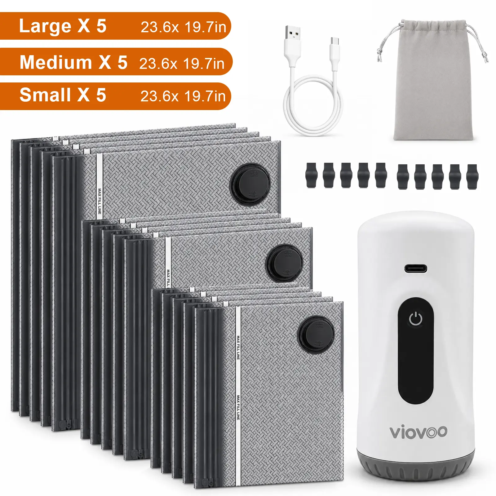 Viovoo Cordless Travel Vacuum Bags with Rechargeable Electric Pump, 15-Pack Reusable Space Saver Storage Bags in 3 Sizes, Airtight Resealable Compression Bags for Luggage, Carry-On, Clothes & Home Storage