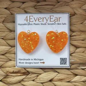 Glitter Heart Dangle Earrings | Orange Yellow Resin | Hypoallergenic Plastic Hook | Handmade Heart Jewelry | Gift for Her