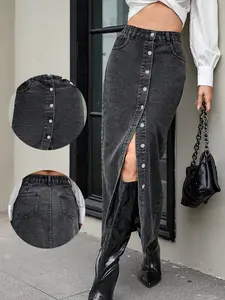 Women's Split Denim Midi Skirt for Pear-Shaped Figures, 2026 Summer A-Line Design, Flattering Mid-Length Fit