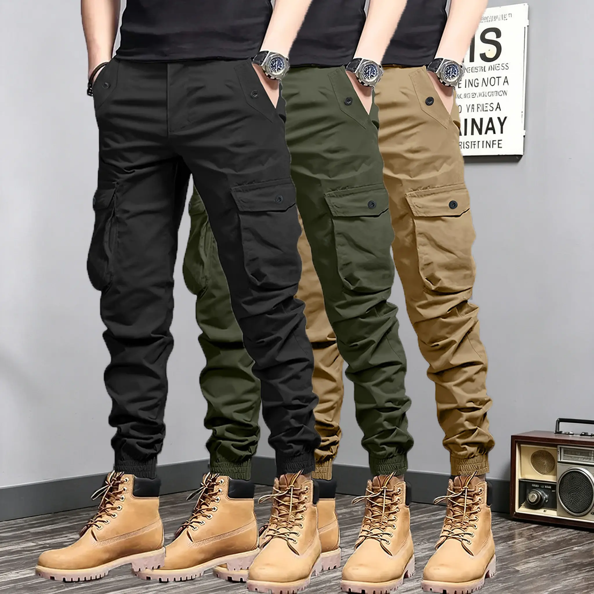 Men’s 3-Pack Cuffed Waist Cargo Pants - Multi-Pocket Polyester Fiber Cargo Trousers, Durable Machine Wash Full-Length Outdoor Casual Pants, Versatile Functional Design for Back to School