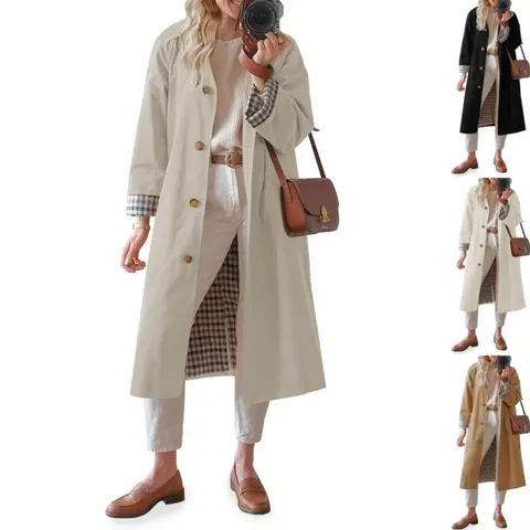 ARTFREE Womens Long Trench Coat Single Breasted Oversized Windproof Overcoat Fashion Outerwear