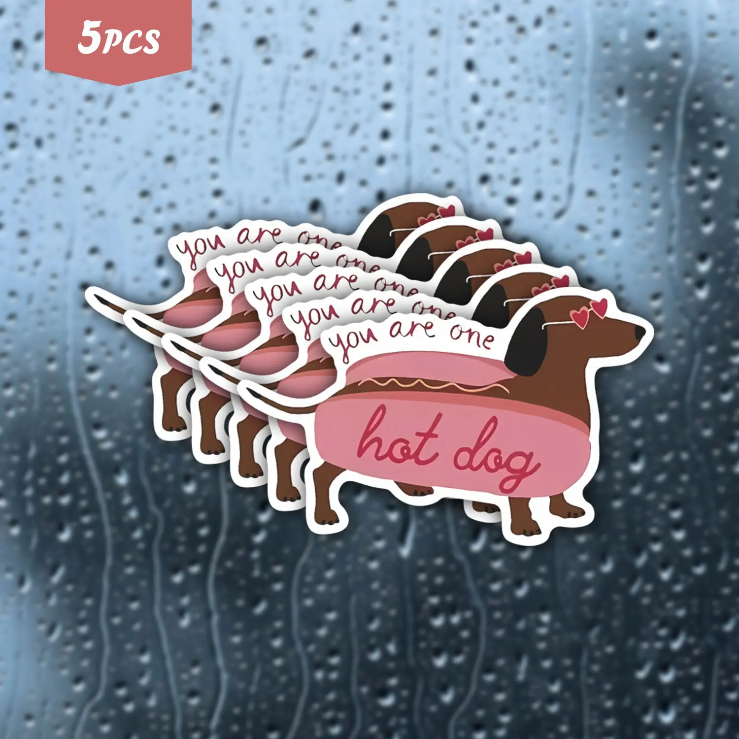 5Pcs "You Are One Hot Dog" Dachshund Waterproof Vinyl Sticker, Cute Retro Love Self-Adhesive Decal, Suitable For Water Bottles, Laptops, Journals, Ideal For Dog Lovers, Dachshund Owners And Romantic Aesthetic Fans