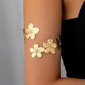Boho Punk Metal Leaf Flower Upper Arm Bracelet For Women Girl Fashion Geometric Open Cuff Bangle Adjustable Armband Jewelry Gift