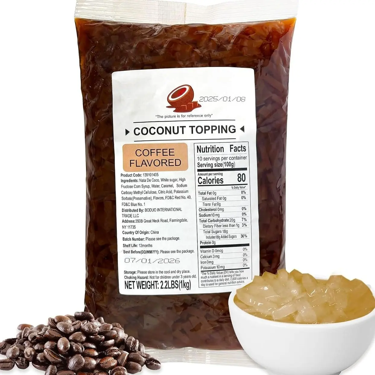 52USA Coffee Flavored Coconut Jelly 1kg (2.2 lbs) Topping for Desserts and Boba Tea, Premium Coconut Gel Strip for Smoothies and Drink