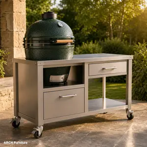 Sturdy Stainless Steel Outdoor Grill Table for Big Green Egg Style BBQ, Metal Grill Cart with Storage Box, Compatible with Up to Large Green Egg and Kamado Joe Jr