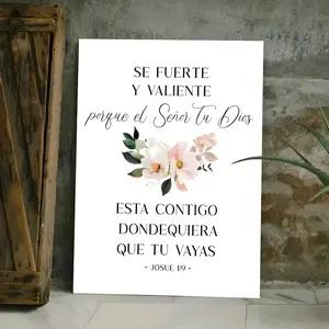 1pc Spanish Bible Verse Canvas Wall Art - Joshua 1:9 "Be Strong and Courageous" Christian Decor with Floral accents, Elegant Scripture Print for Living Room, Bedroom, Church - Inspirational Religious Gift for Easter, Baptism, Wedding - Wrapped Canvas Fram