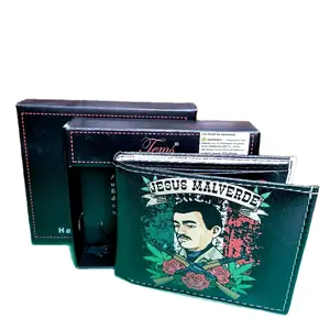 Jesus Malverde  Western wallet printed pattern two sides short bi-fold  faux leather wallet in box