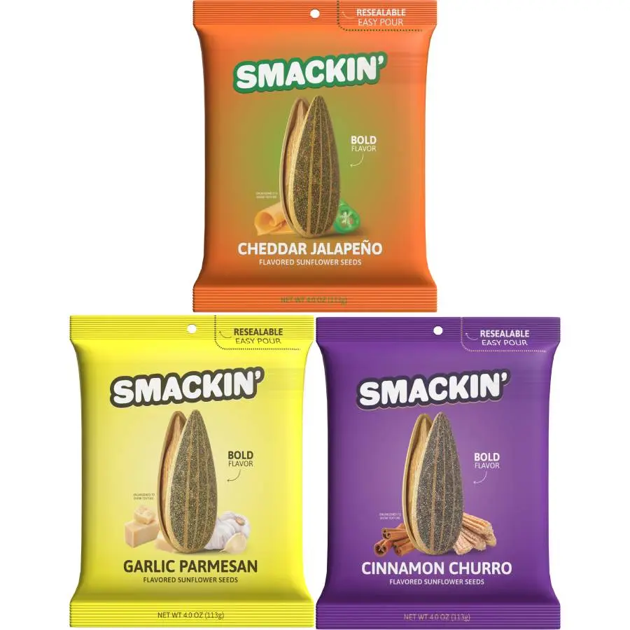 SMACKIN’ Savory Sunflower Seeds 3-Flavor Variety Pack - 4oz Bags (Cheddar Jalapeño, Cinnamon Churro, Garlic Parmesan) Snack
