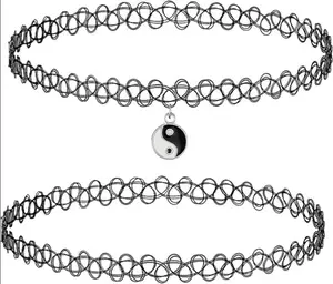 BodyJ4You 2PC Tattoo Choker Necklace - 90s Choker Necklace Women - 2000s Y2K Black Chokers Rainbow Choker - Butterfly Ying Yang Unicorn Rainbow Charms - Stretchy Elastic Necklace
