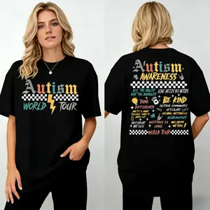 Unisex "Autism Awareness World Tour" printed T-shirt, vintage rock tour design, autism acceptance and neurodiversity pattern T-shirt, casual loose-fit crew neck top, street style