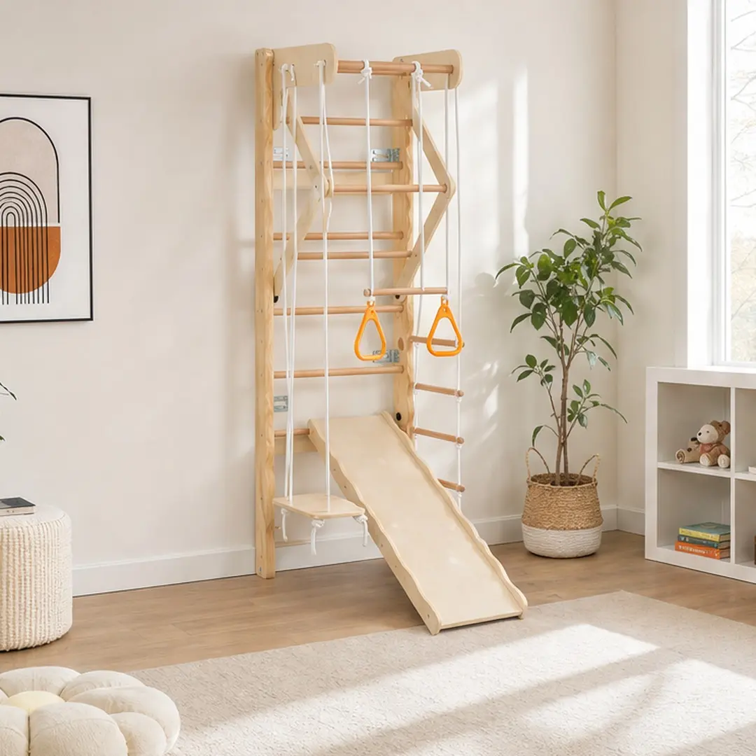 FSC-Certified Splinter-Free Birch Wood 6-in-1 Swedish Ladder Wall Gym - Unisex Indoor Sports Set for Kids,Adults, Basement, with Swing,Rope Ladder,Pull-Up Bar,Slide,Gymnastic Rings,24.40" W X 78.70" H,50.00lb Wall-Mounted,Develops Motor Skills, 50.00 Lb