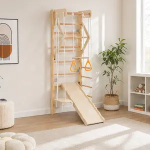 ARCH 6-in-1 Wooden Swedish Ladder Wall Gym Indoor Kids Playground Set with Swing, Rope Ladder, Pull-Up Bar, Slide, Gymnastic Rings, FSC-Certified Birch, Natural Wood, Wall-Mounted Climbing Frame for Playroom, Living Room, Basement, Family Fitness