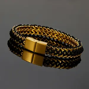 Fashionable Personalized Black Cowhide Rope & Gold Chain Woven Double-Ended Buckle Chain Bangle for Stylish Outfits Handmade Jewelry Trendy Jewelry tennis bracelet