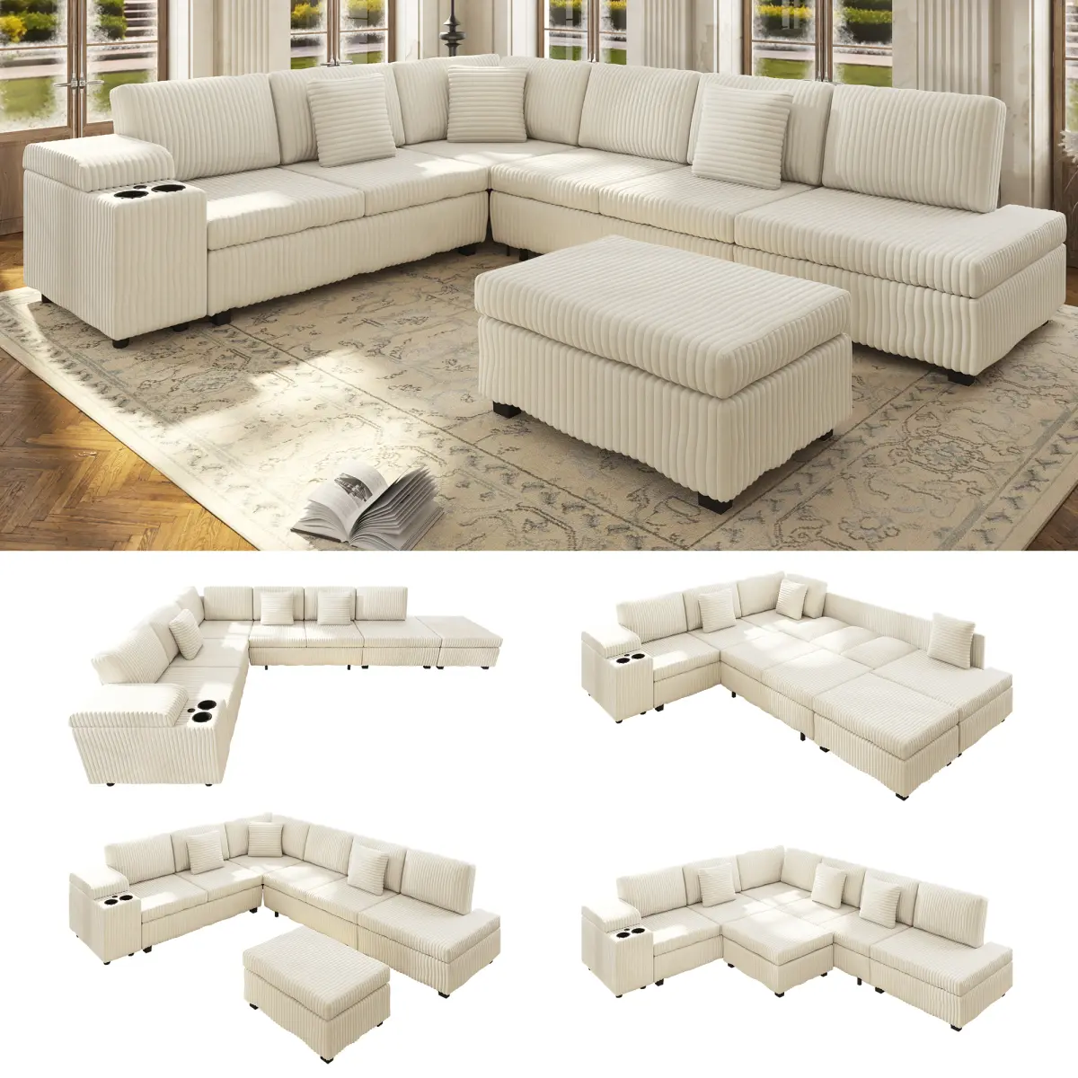 Aobtkel 110.2" Wx90.5" D L-Shape Sectional Sofa Set, Ribbed Texture Plush Corduroy Convertible Sleeper with Removable Ottoman, Hidden Armrest Storage, USB Ports, Cup Holders for Living Room (Black) seater boneless bed small space couch bed viral modular