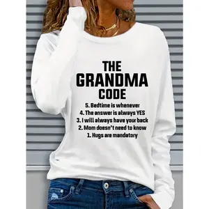 Women's "The Grandma Code" Humorous Quote Long Sleeve Tee Playful And Heartwarming Top For Family Gatherings Casual Outings And Grandma - Themed Fashion Statements