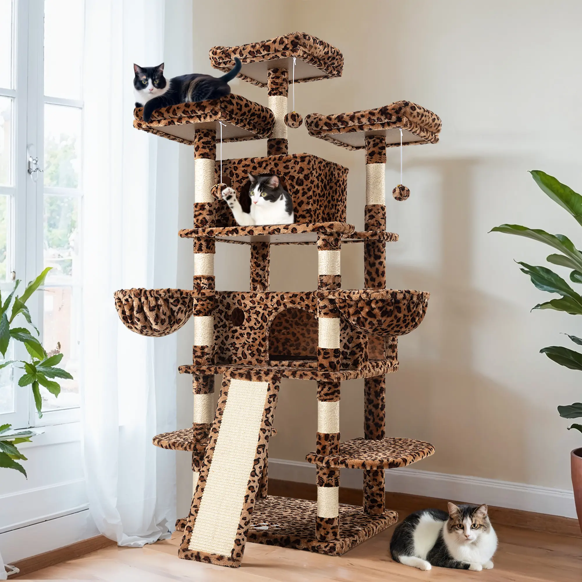 HOOMIC 68-Inch Multi-Level Cat Tree Tower for Large Cats with Sturdy Chipboard Base & Sisal Scratching Posts Cozy Plush Perches & Wide Base Board for Home Activity