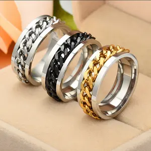 Men's black chain ring, stylish punk stainless steel ring, anxiety relief, suitable for men and women