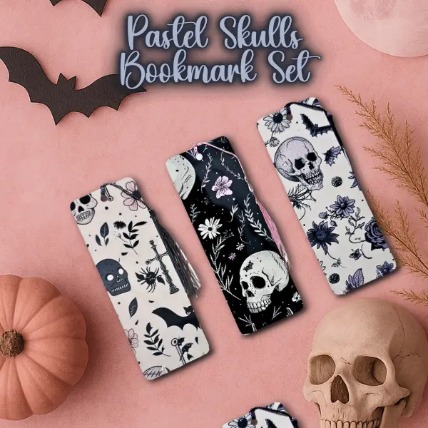 Pastel Goth Skull Bookmark Set of 3 – Creepy Cute Floral Bookmarks with Tassel – Gothic Stationery Gift for Book Lovers, Witches, Dark Academia, Halloween Journaling – Aesthetic Spooky Bookmark Trio