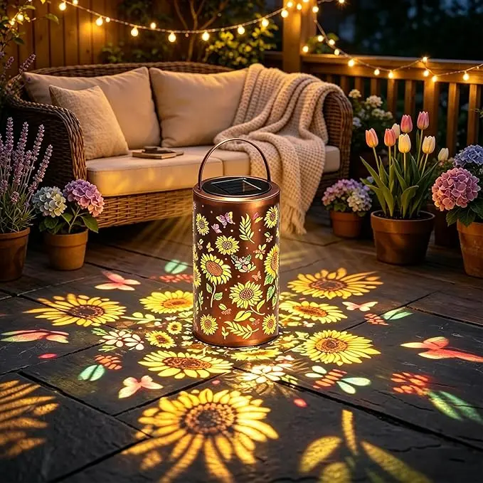 Colorful Sunflower Metal Hanging LED Lantern with Butterfly Pattern - Waterproof/Water Resistant 600mAh Garden Lighting, 5-6H Charging Auto Shut-Off, Thoughtful Gift for Mom for Party & Yard Decoration