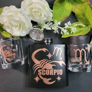 Scorpio Zodiac Drinkware Gift Set – Black Stainless Steel Flask, 2 Clear Shot Glasses, Mini Funnel, Iconic Scorpio Symbol, Perfect for Astrology Lovers & Birthday Gifts