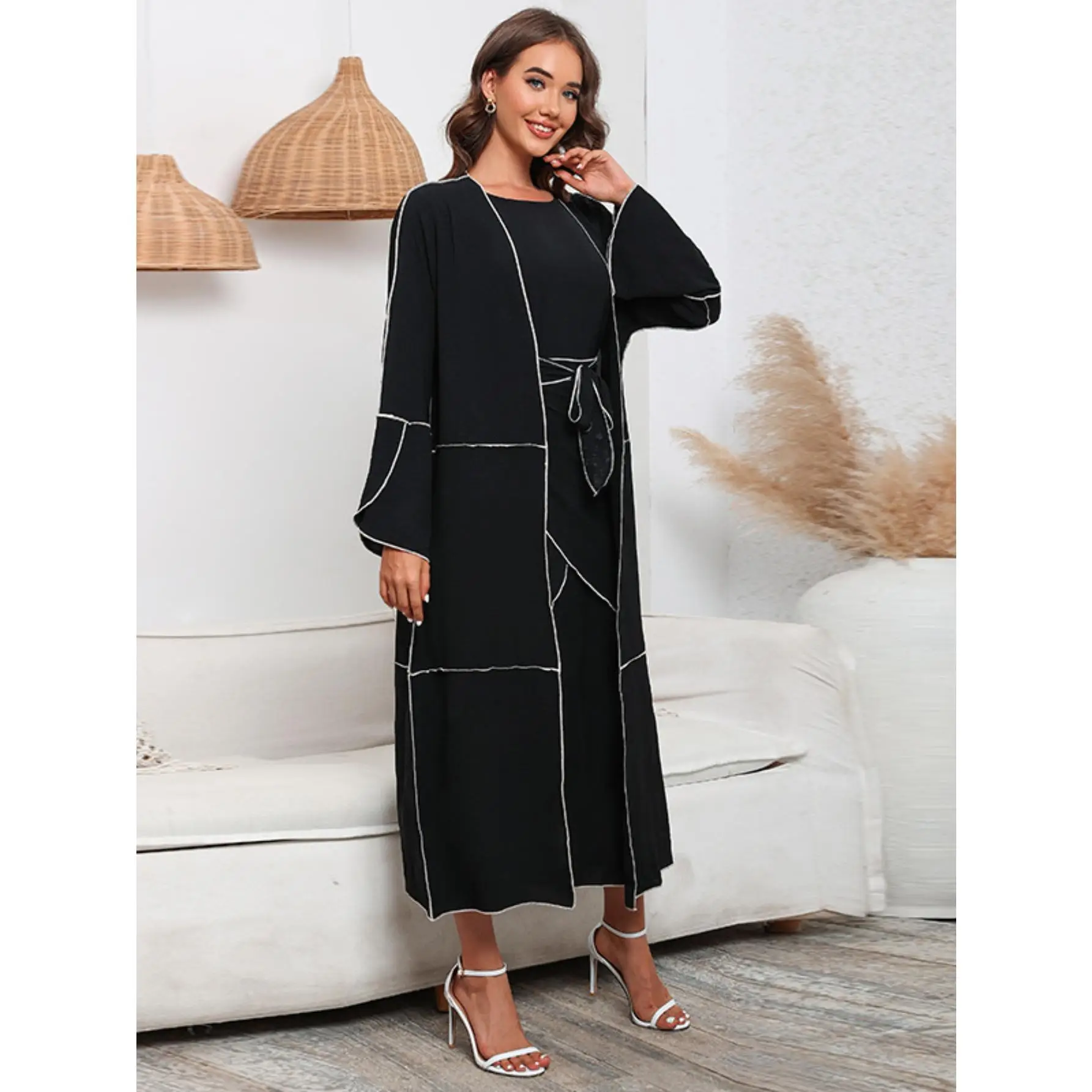 Elegant 3pcs Muslim Fashion Set: Long Sleeve Kaftan Dress with Belt, Hijab & Cardigan - Polyester, Non-Stretch, Solid Color, Middle East Special Proje
