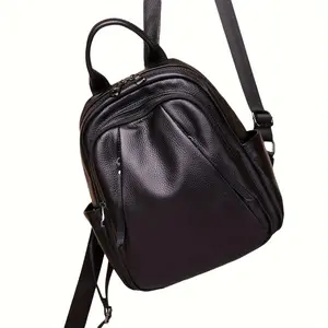 2026 Fashion Black Genuine Leather Women's Backpack with Large Capacity, Lightweight and Adjustable Shoulders, Perfect for Daily Commuting