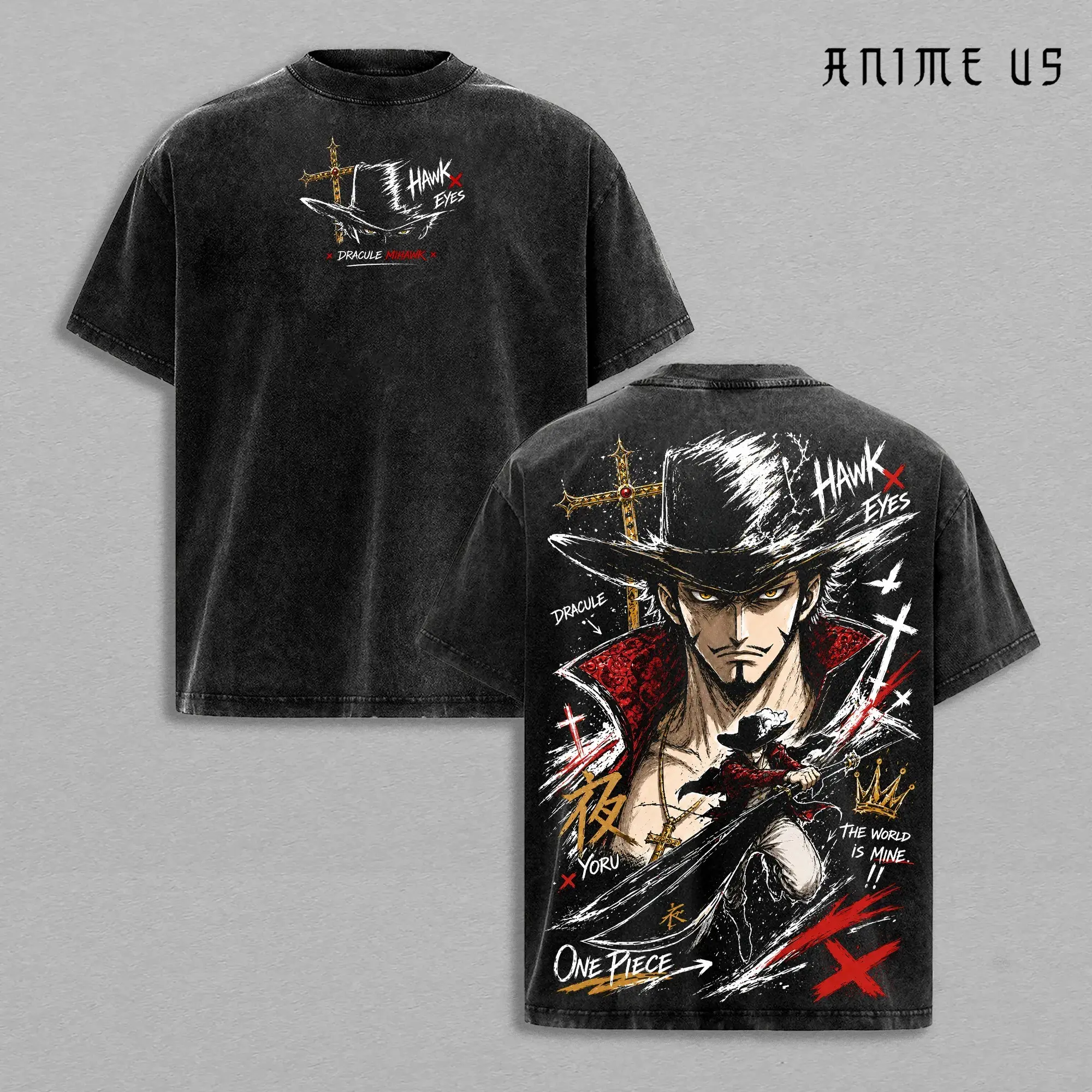Dracule Mihawk Vintage Washed T-Shirt One Piece Anime Graphic Tee Oversized Streetwear Shirt Manga Fan Gift Unisex Anime Clothing