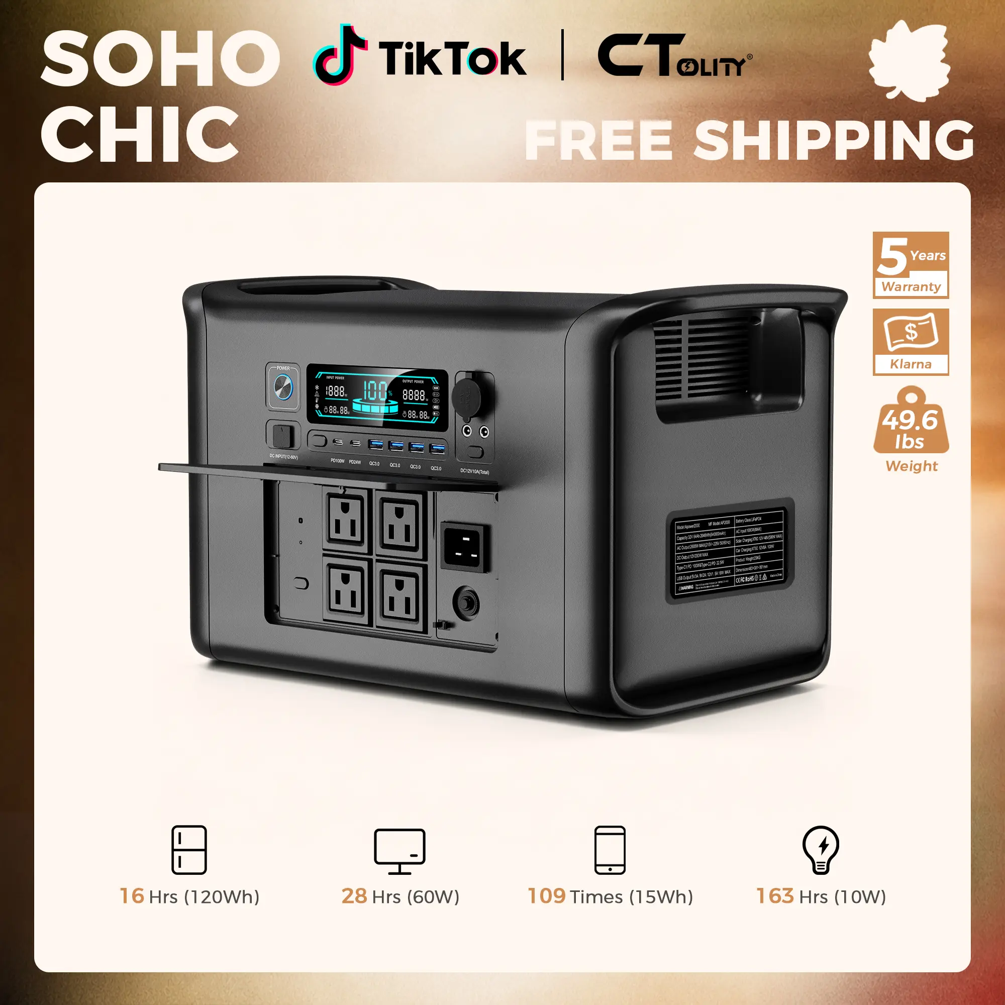 [SohoChic] Camping Essentials 2026|CTOLITY AP2000 2400W Solar Generators Emergency Power Outage Survival Supply Portable Station 2048Wh LiFePO4 LFP Battery Backup 1000W Fast Charging Prep RV Home off Grid Living, Power Outage Survival, TiktokShopStockup