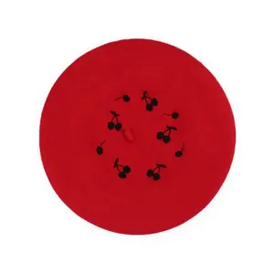 Red Wool Embroidered Beret with Cherries Design