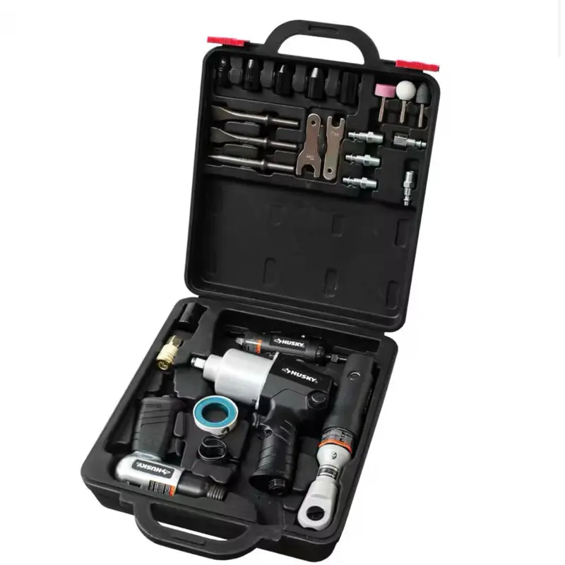 HUSKY 27-Piece 4-Pc Air Tool Kit W/ 1/2-in. Impact Wrench, 3/8-in. Ratchet, Die Grinder, Air Hammer, Sockets, Chisels, Grinding Stones