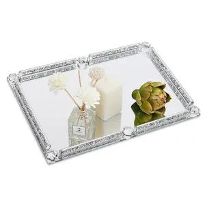 Crystal Vanity Tray, Silver Mirror Tray and Diamond Bathroom Decor Vanity Trays for Bathroom, Cosmetic Table, Elegant Design for Perfume Jewelry Makeup(Rectangle, 12x8in)