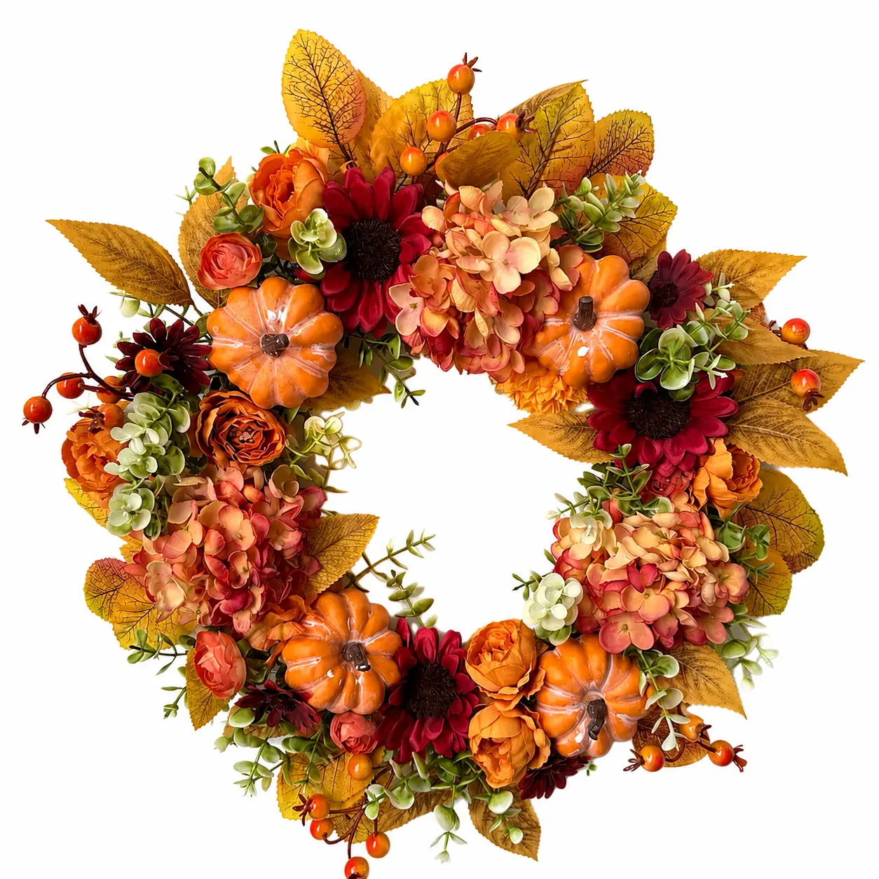 18-in Fall Pumpkin Floral Wreath, Festive Home Decor for Indoor Outdoor Holiday Display