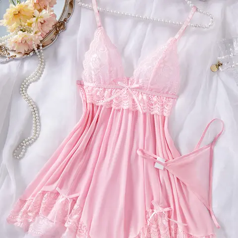 Women's Sexy Lace Nightdress, V Neck Backless Asymmetrical Hem Spaghetti Strap Sleepwear, Comfortable Sleeping Gown with Free Panties, Lace Cami Nightdress, Spaghetti Strap Nightgown, Stylish Nightwear