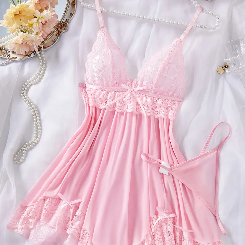 Women's Sexy Lace Nightdress, V Neck Backless Asymmetrical Hem Spaghetti Strap Sleepwear, Comfortable Sleeping Gown with Free Panties, Lace Cami Nightdress, Spaghetti Strap Nightgown, Stylish Nightwear