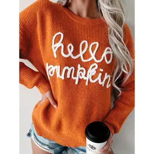 Women’s Hello Pumpkin Graphic Sweater – long-sleeve crewneck casual pullover, cozy autumn–winter top with white lettering, hand wash/dry clean, cute sweater, festive seasonal apparel, quality fabric knitwear womenswear crewneck