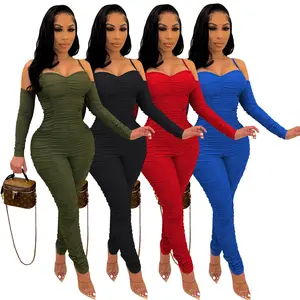Women's Sexy Ruched One Piece Bodycon Cold Shoulder Long Sleeves Solid Jumpsuits Long Pants Romper