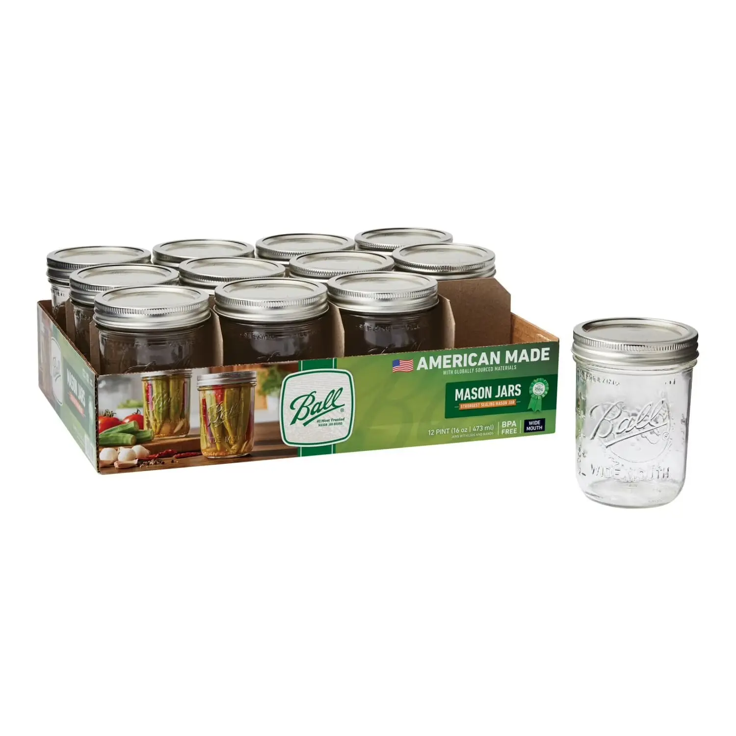 12-Pack 16 oz Wide Mouth Clear Glass Mason Jars with Lids & Bands, Reusable Kitchen Preserving Containers for Meal Prep & Crafts