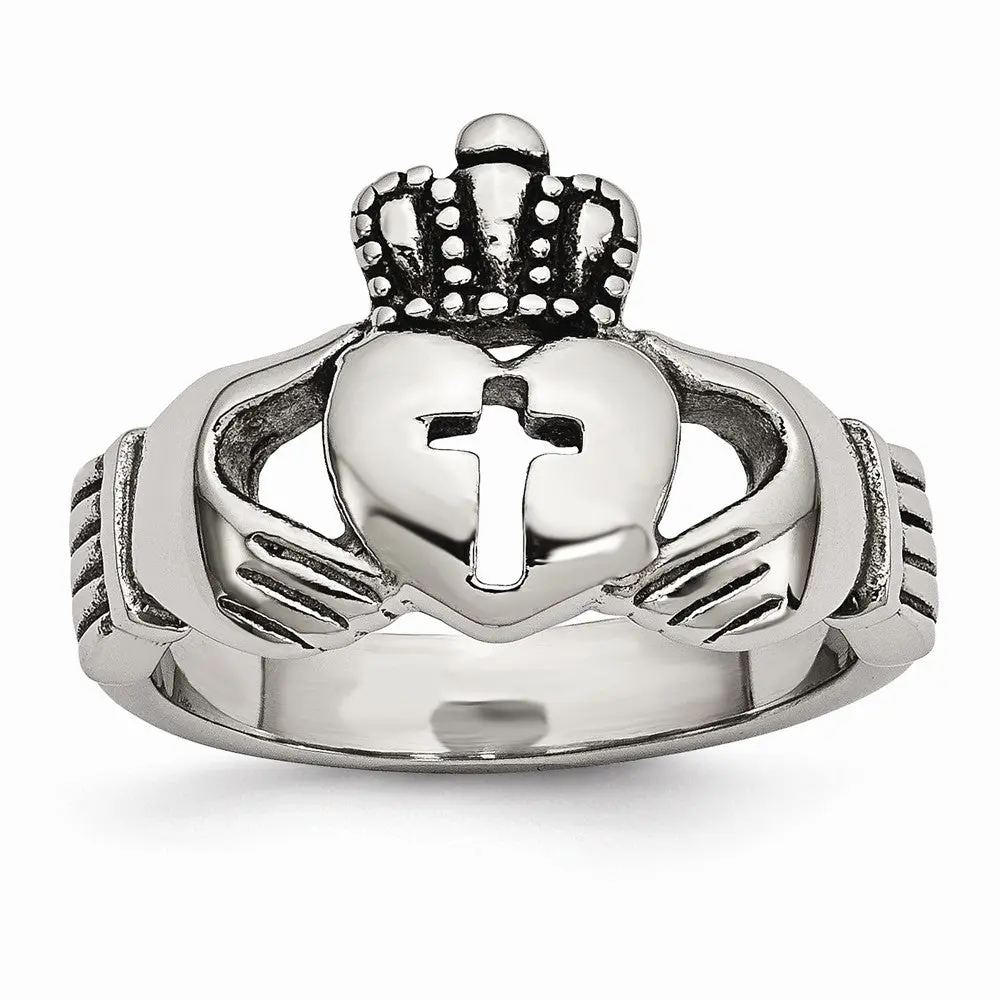 Female Stainless Steel Claddagh Cross Motif Ring - 4 mm Wide Comfortable Band, Polished Antiqued Finish, Religious Vintage, Elegant Fashion, Suitable for Daily Wear
